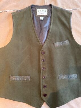 Moving Sale - Orvis - Olive Green Vest with Tweed Trim